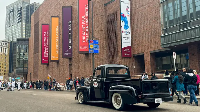 Blaze pickup truck, Archie, in front of The Ordway