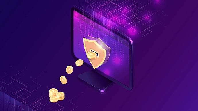 Protect Yourself from Cryptocurrency Scams gold coins going into a shield in a computer screen