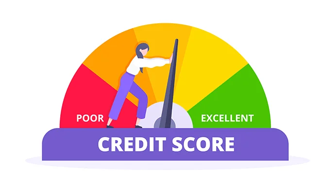 How to Establish a Credit History Drawing of woman pushing a credit score needle towards excellent