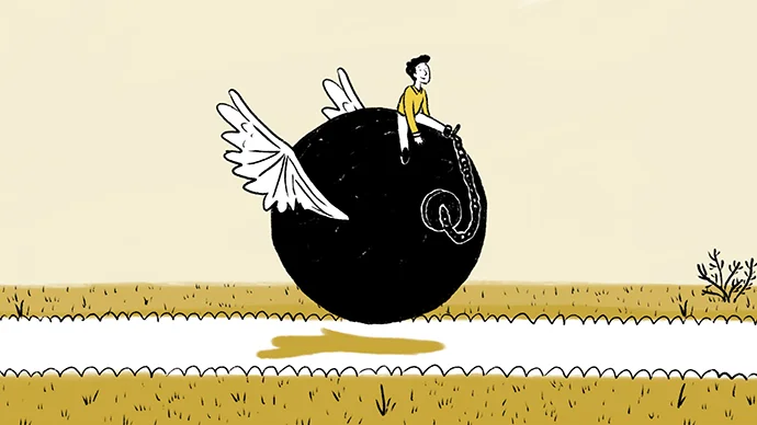 Cartoon of a man chained to a ball of debt with wings.