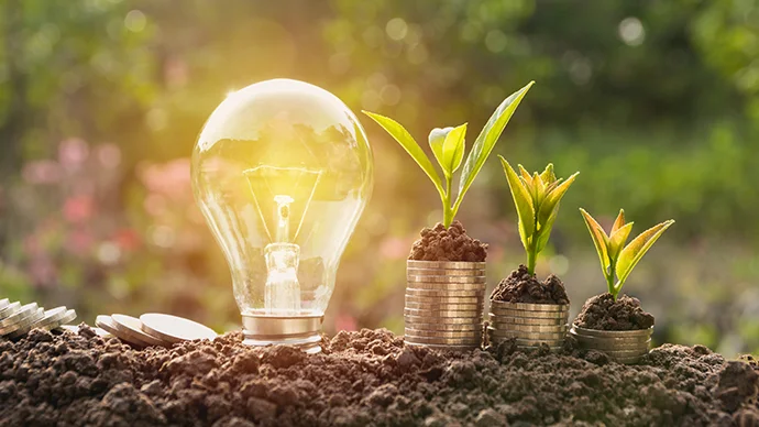 Save Energy, Save Money Energy saving light bulb and tree growing on stacks of coins on nature background.