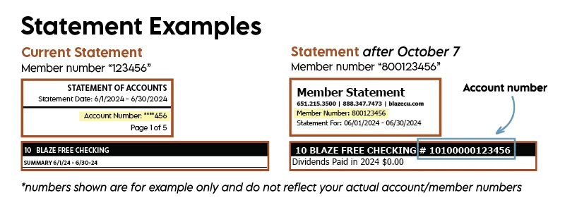 Example of where the member number and account numbers will appear on statements after October 7.